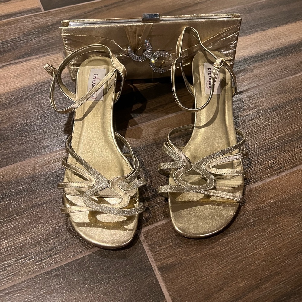 Gold evening shoes with matching clutch